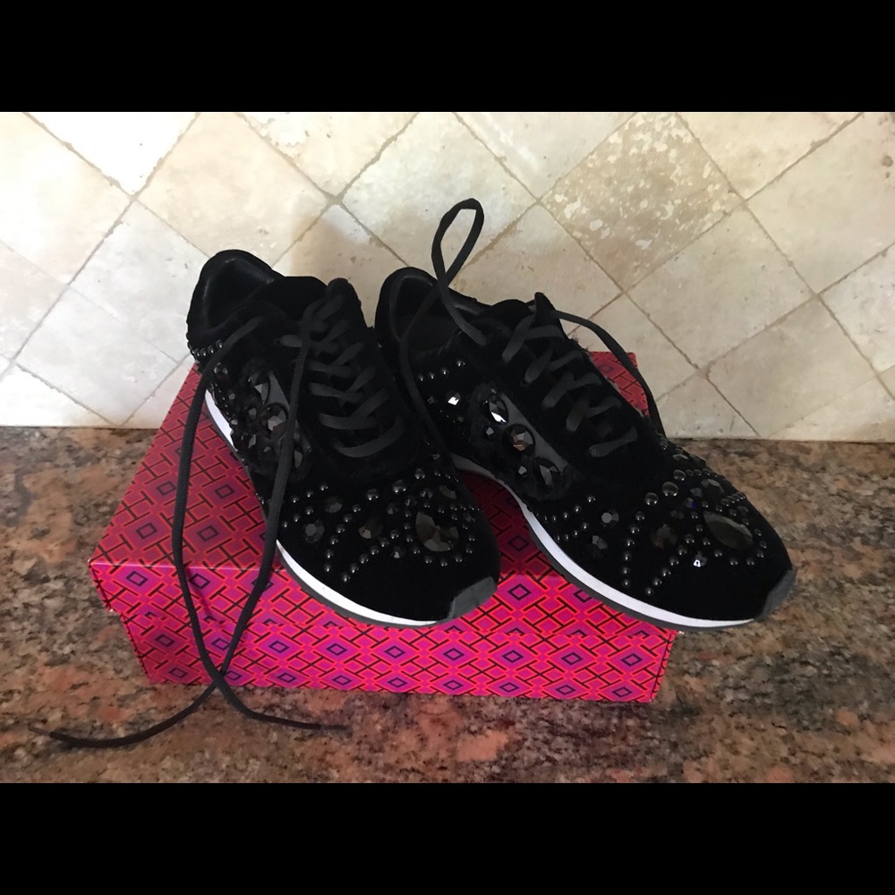 Tory Burch crystal sneakers 9 black velvet